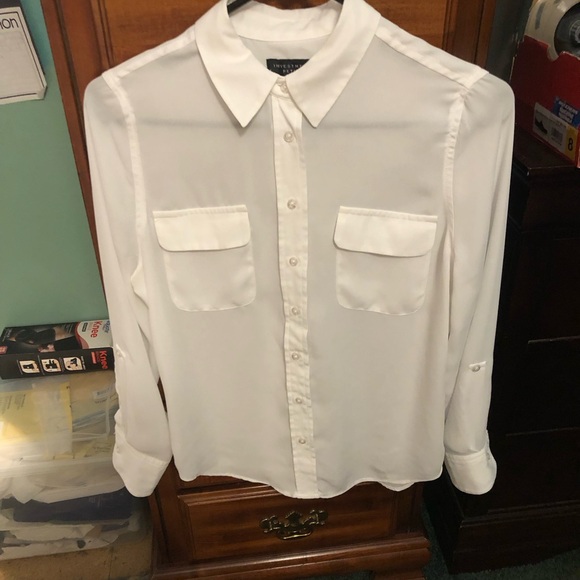 EUC Investments Petites White Button Down 2 Pocket Roll Up Sleeves Collared - Picture 6 of 8